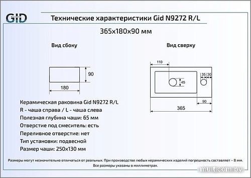 Умывальник Gid N9272L (белый)