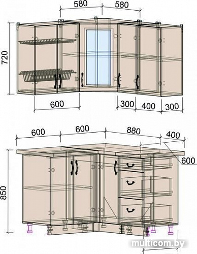 Угловая кухня Интерлиния Мила Крафт 1.2x1.3 (дуб лазурный)