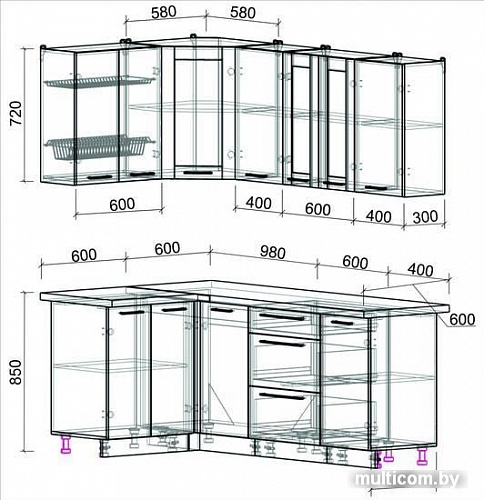 Угловая кухня Интерлиния Мила Пластик 1.2x2.0 (слива глянец/ваниль глянец/травертин)