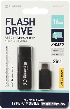 USB Flash Platinet X-Depo USB 3.0 + Type-C Adapter 16GB (черный)