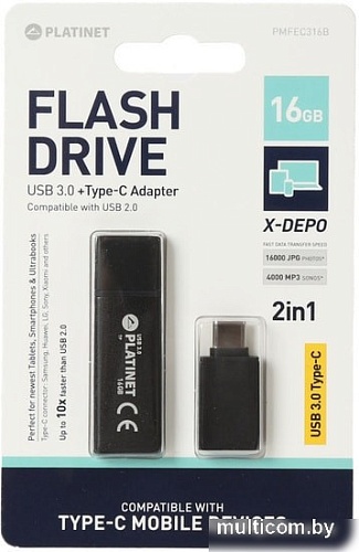 USB Flash Platinet X-Depo USB 3.0 + Type-C Adapter 16GB (черный)