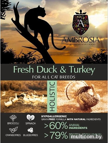 Сухой корм для кошек Ambrosia Grain Free (для стерилизованных, свежие утка и индейка) 1.5 кг