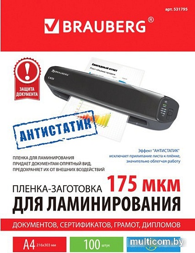 Пленка для ламинирования BRAUBERG Brauberg А4 175 мкм 100 шт 531795 (глянцевый, прозрачный)