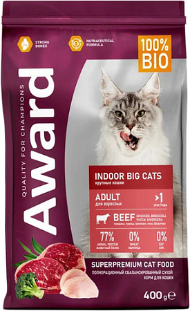 Сухой корм для кошек Award Adult Indoor Big Сats (для крупных пород с говядиной и курицей с добавлением брокколи и Юкки Шидигера) 400 г