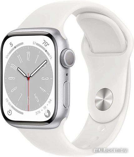 Умные часы Apple Watch Series 8 41 мм (алюминиевый корпус, серебристый/белый, спортивный силиконовый ремешок)