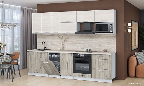 Готовая кухня Интерлиния Мила Лайт 2.9-ПМ4 (вудлайн кремовый/дуб серый/травертин серый)