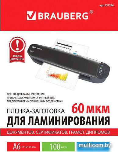 Пленка для ламинирования BRAUBERG Brauberg А6 60 мкм 100 шт 531784 (глянцевый, прозрачный)