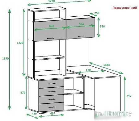 Стол Памир ПКС-11 правый (дуб сонома/белый глянец)