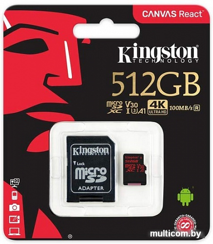 Карта памяти Kingston Canvas React SDCR/512GB microSDXC 512GB + адаптер