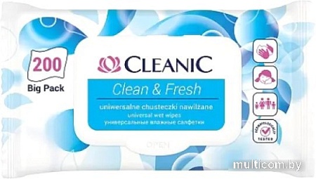 Влажные салфетки Cleanic Clean&Fresh универсальные для рук и тела с клапаном (200 шт)