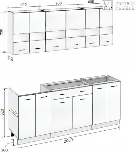 Кухня Кортекс-мебель Корнелия Экстра 2.0 без столешницы (белый/береза)