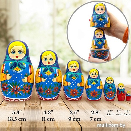 Развивающая игра Брестская Матрешка В синем платке и сарафане с цветочным декором (набор 7 шт)