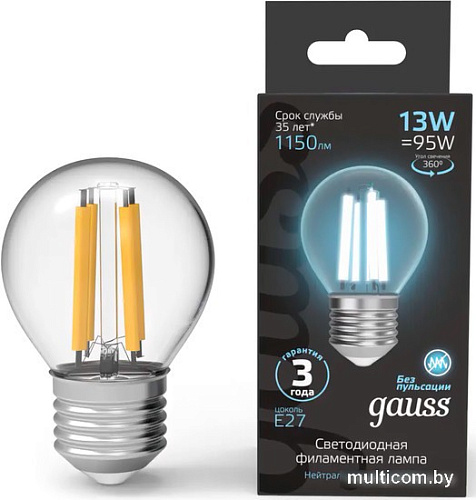 Светодиодная лампочка Gauss Filament Шар 13W 1150lm 4100К Е27 LED 1/10/50 105802213