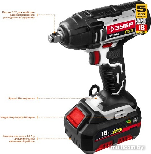 Ударный гайковерт Зубр ГУЛ-251 К (с 1-м АКБ, кейс)
