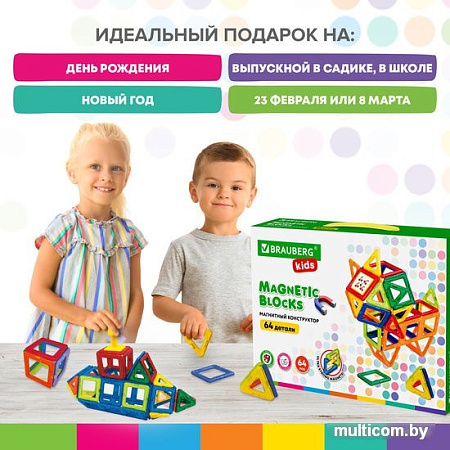 Конструктор BRAUBERG 663847 Kids Magnetic Big Blocks-64