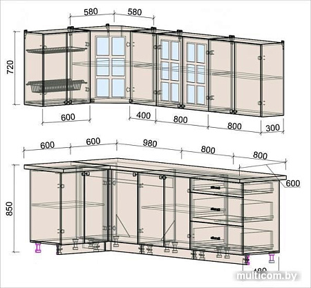 Угловая кухня Интерлиния Мила Деко 1.2x2.6 (мята/травертин серый)