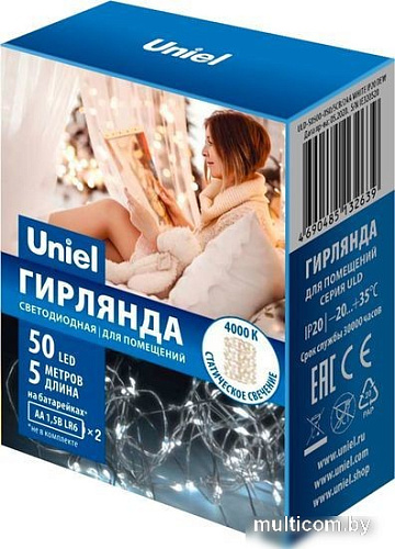 Новогодняя гирлянда Uniel ULD-S0500-050/SCB/2AA WHITE IP20 DEW UL-00007184