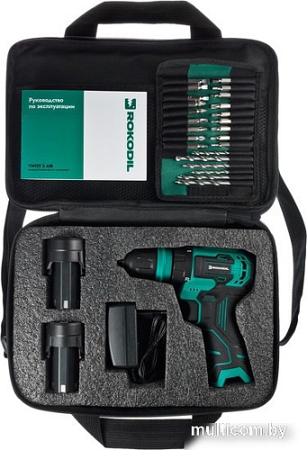 Дрель-шуруповерт Rokodil Twist 2 Air 1047298 (с 2-мя АКБ, сумка, набор оснастки)
