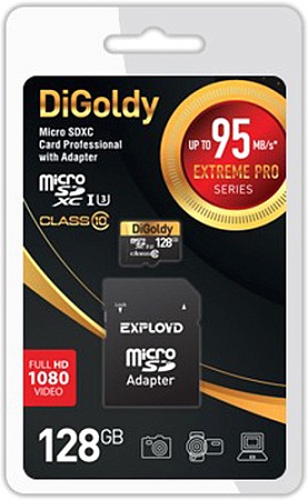 Карта памяти DiGoldy Extreme Pro microSDXC 128GB DG128GCSDXC10UHS-1-ELU3 (с адаптером Exployd)