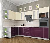 Готовая кухня Интерлиния Мила Пластик 1.68x3.0 левая (ваниль глянец/слива/травертин сер.)