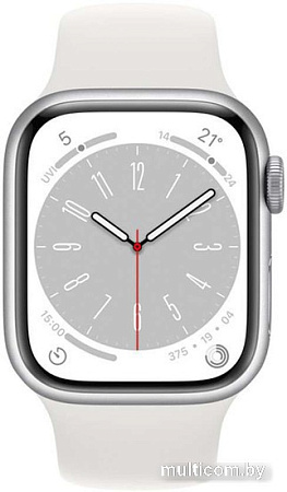 Apple Watch Series 8 LTE 45 мм (алюминиевый корпус, серебристый/белый, спортивный силиконовый ремешок)