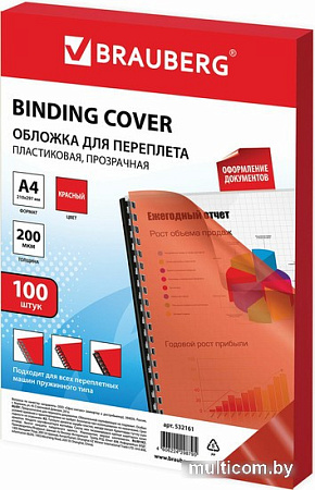 Пластиковая обложка для переплета BRAUBERG A4 200 мкм 100 шт 532161 (прозрачный/красный)