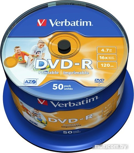 DVD-R диск Verbatim 4.7Gb 16x AZO Wide Inkjet Printable без ЛОГО по 50 шт. CakeBox