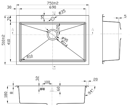 Врезная кухонная мойка Steel Hummer R-7551 DIVON