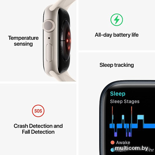 Умные часы Apple Watch Series 8 41 мм (алюминиевый корпус, серебристый/белый, спортивный силиконовый ремешок)
