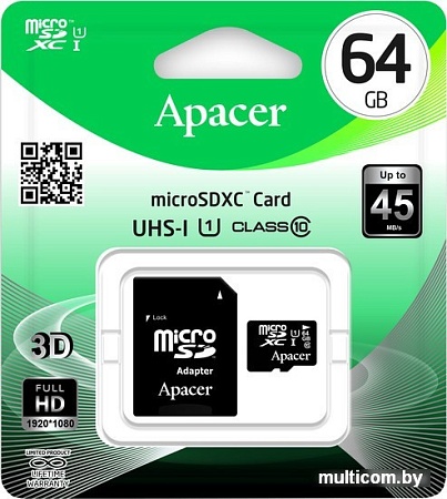 Карта памяти Apacer microSDXC (Class 10) 64GB + адаптер [AP64GMCSX10U1-R]