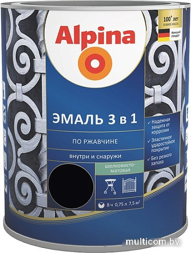 Эмаль Alpina Эмаль 3 в 1 по ржавчине (черный, шелковисто-матовая, 0.75 л)