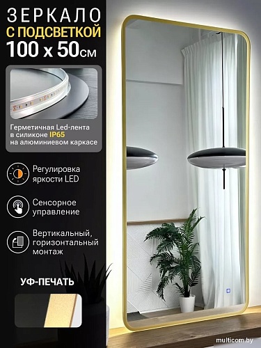 Зеркало с подсветкой eMZe Smartphone 50x100 LED.UV.SMART.50.100.AUR (золото с УФ-окантовкой и подсветкой)