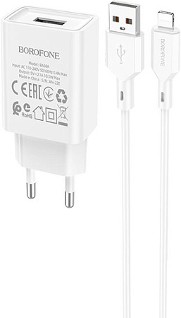 Сетевое зарядное Borofone BA68A Lightning (белый)