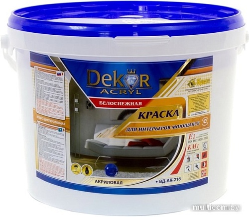 Краска Dekor ВД-АК-216 для интерьеров моющаяся (белоснежный, 14 кг)