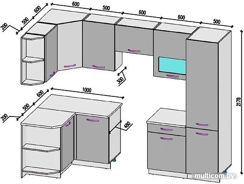 Угловая кухня ВерсоМебель ЭкоЛайт-6 1.3x2.8 левая (белый/розовый)