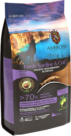 Сухой корм для собак Ambrosia Mediterranean Adult, Senior & Sterilized All Breeds Fresh Sardine & Cod (для стерилизованных с сардиной и треской) 5 кг