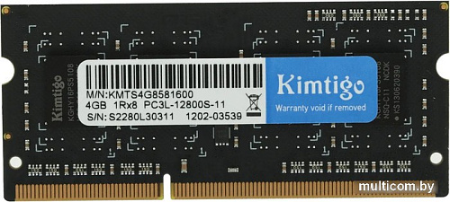 Оперативная память Kimtigo 4ГБ DDR3 SODIMM 1600 МГц KMTS4G8581600