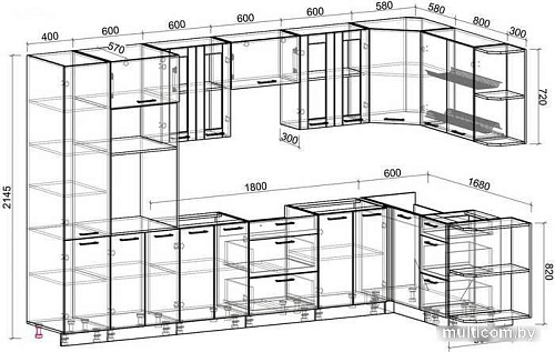 Готовая кухня Интерлиния Мила 1.68x3.4 правая без столешницы (шимо светлый/шимо темный)