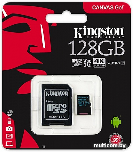 Карта памяти Kingston Canvas Go! SDCG2/128GB microSDXC 128GB (с адаптером)