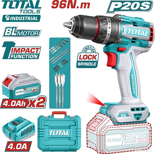 Ударная дрель-шуруповерт Total TIDLI20968 (с 2-мя АКБ, кейс)