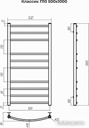 Полотенцесушитель TERMINUS Классик П10 500x1000 (матовое золото)