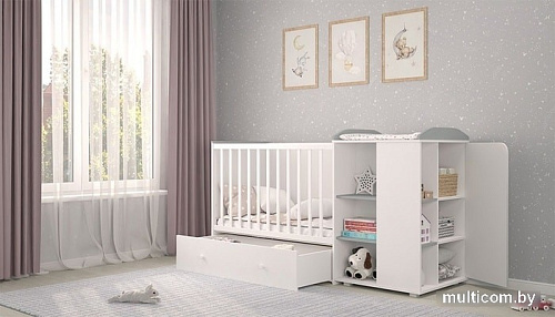 Кроватка-трансформер Polini Kids Ameli 800, Amis, с комодом (белый/серый)