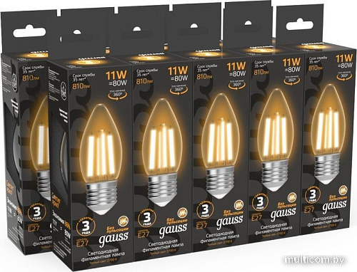 Светодиодная лампочка Gauss Filament Свеча 11W 810lm 2700К Е27 LED 1/10/50 103802111