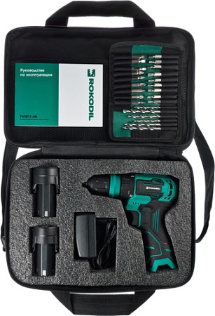 Дрель-шуруповерт Rokodil Twist 2 Air 1047298 (с 2-мя АКБ, сумка, набор оснастки)