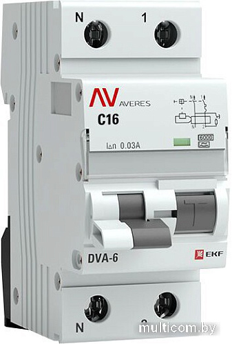 Дифференциальный автомат EKF Averes DVA-6 2P 16А 30мА (C) 6кА тип A rcbo6-1pn-16C-30-a-av