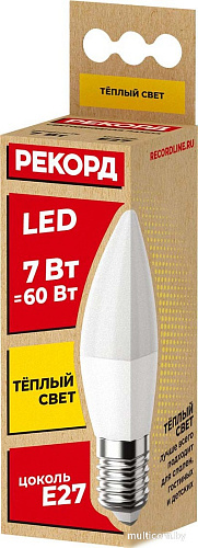 Светодиодная лампочка Рекорд LED B37 7W Е27 3000К