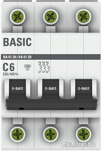 Выключатель автоматический EKF ВА 47-29 3P 6А (С) 4.5кА mcb4729-3-06C