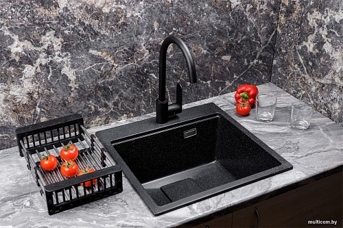 Кухонная мойка Marblan Comfort 50 (черный, с сифоном и колландером)