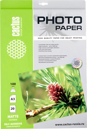 Самоклеящаяся бумага CACTUS Самоклеящаяся матовая A3 100 г/кв.м. 20 листов (CS-MSA310020)