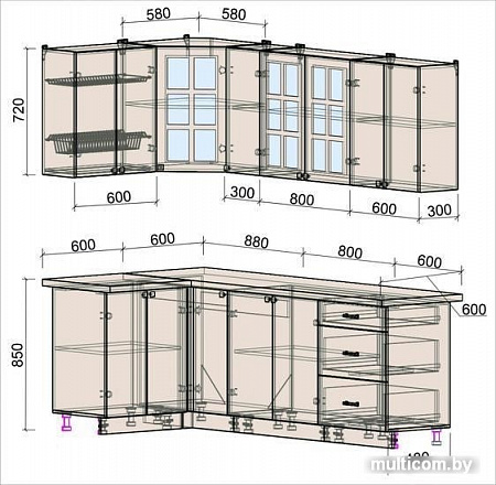 Угловая кухня Интерлиния Мила Деко 1.2x2.3 (белый/кастилло темный)